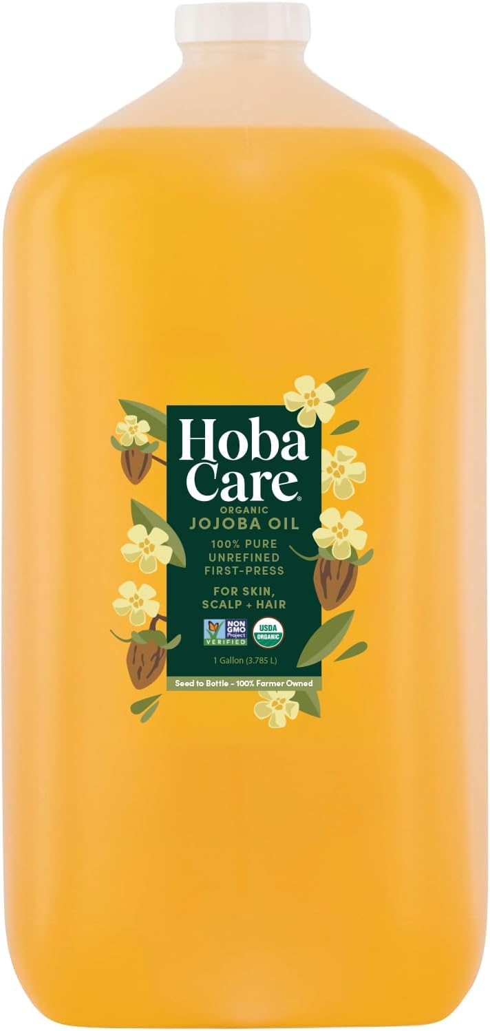 HobaCare Organic Jojoba Oil Bulk: Cold Pressed Unrefined Carrier Oil for Soap Making, Hair, Face, Beard, Scalp, Massage, Skincare Spa Natural, Pure, Hexane Free, Long Shelf Life (128 oz Gallon) - Featured Product Photo