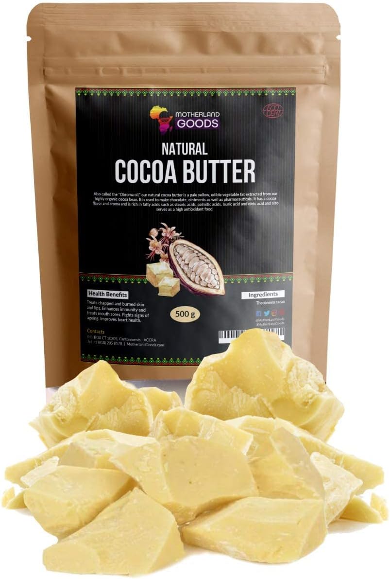 Motherland Goods Natural Cocoa Butter Chunks: Organic & Raw Unrefined Body Moisturizer for Sensitive Skin, AntiAging, Scars & Eczema Relief Premium Raw Butter From Ghana (8 LBs) - Featured Product Photo