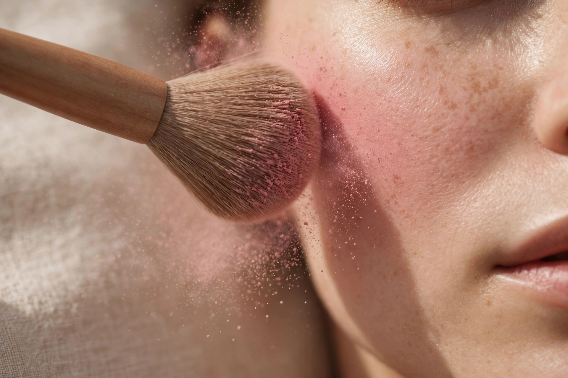 Makeup brush applying pink powder blush to a cheek for a natural flush