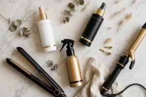 Heat protectant spray bottles arranged with a hair straightener and curling iron on marble
