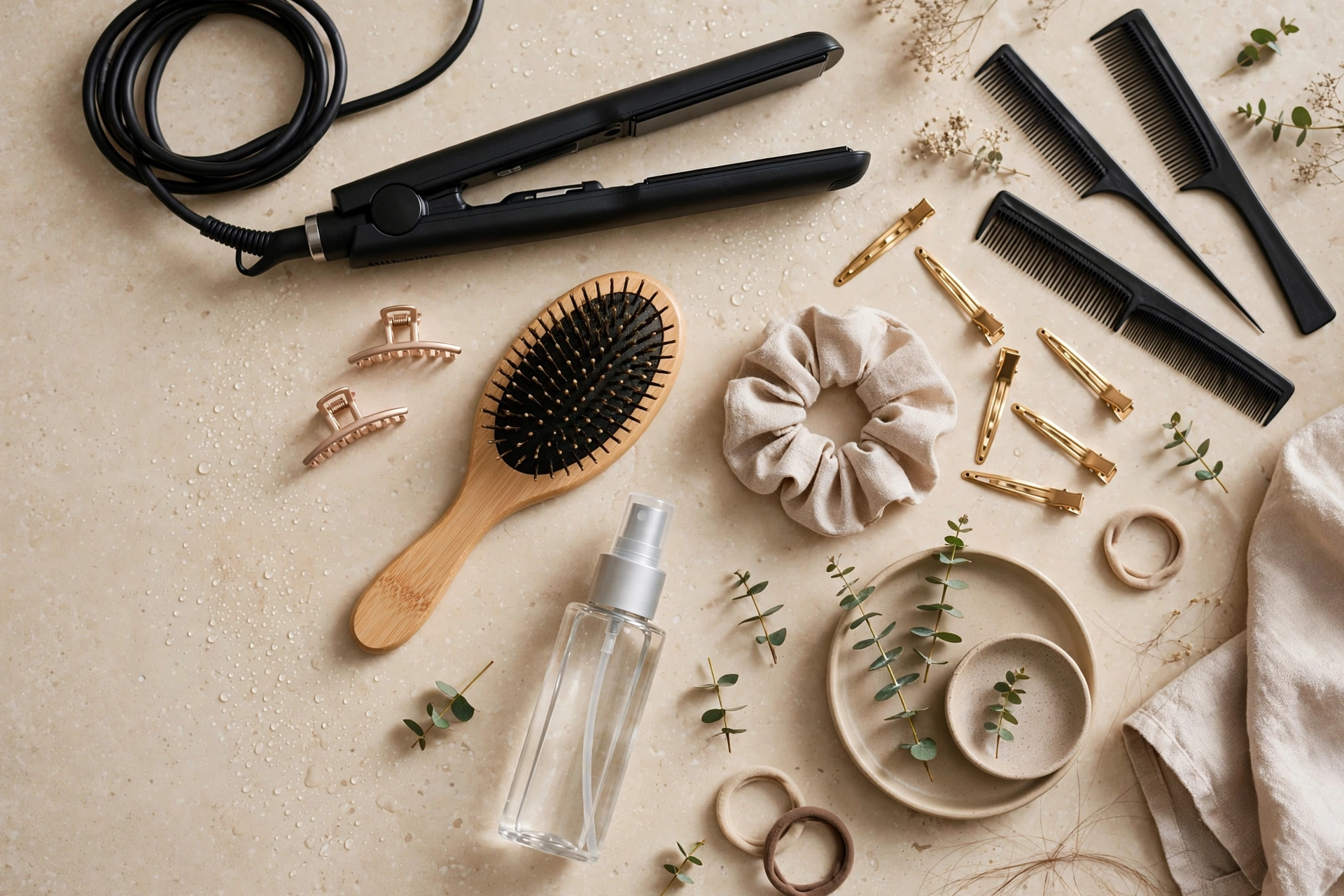 Flat lay of flat iron styling tools with heat protectant spray and hairbrush