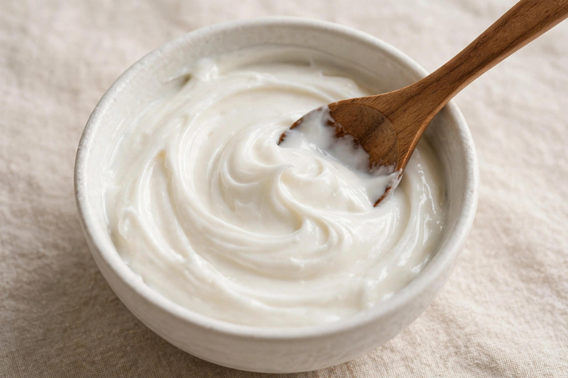 Creamy conditioner texture swirled in a white ceramic bowl with a wooden spoon