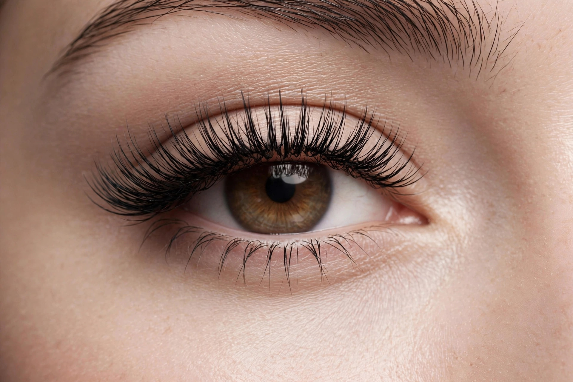 Close-up of an eye with long, voluminous dark lashes