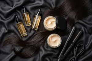 Keratin smoothing products with flat iron and sleek straight hair