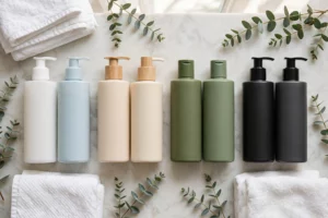 Flat lay of shampoo and conditioner bottle duos on a marble bathroom counter