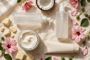 Flat-lay of curly hair care products with shea butter, coconut and hibiscus