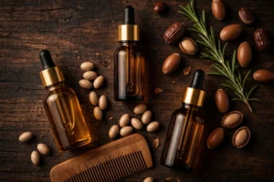 Amber glass beard oil dropper bottles with argan nuts, jojoba seeds, wooden beard comb and rosemary on dark wood