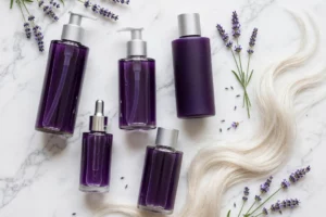 Purple shampoo bottles flat-lay with lavender and blonde hair strand