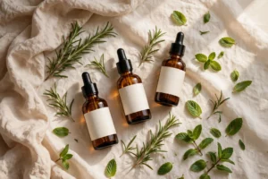 Flat lay of hair growth oil dropper bottles with fresh rosemary sprigs and mint leaves