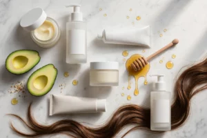 Flat lay of the best hair treatment products including masks, oils and creams
