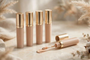 Concealer tubes with doe-foot applicators on cream marble