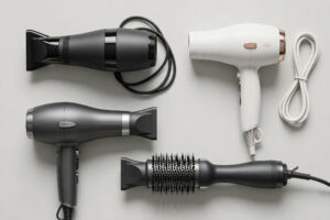 Flat lay of hair dryers and a hot air blow-dry brush with attachments on a gray background