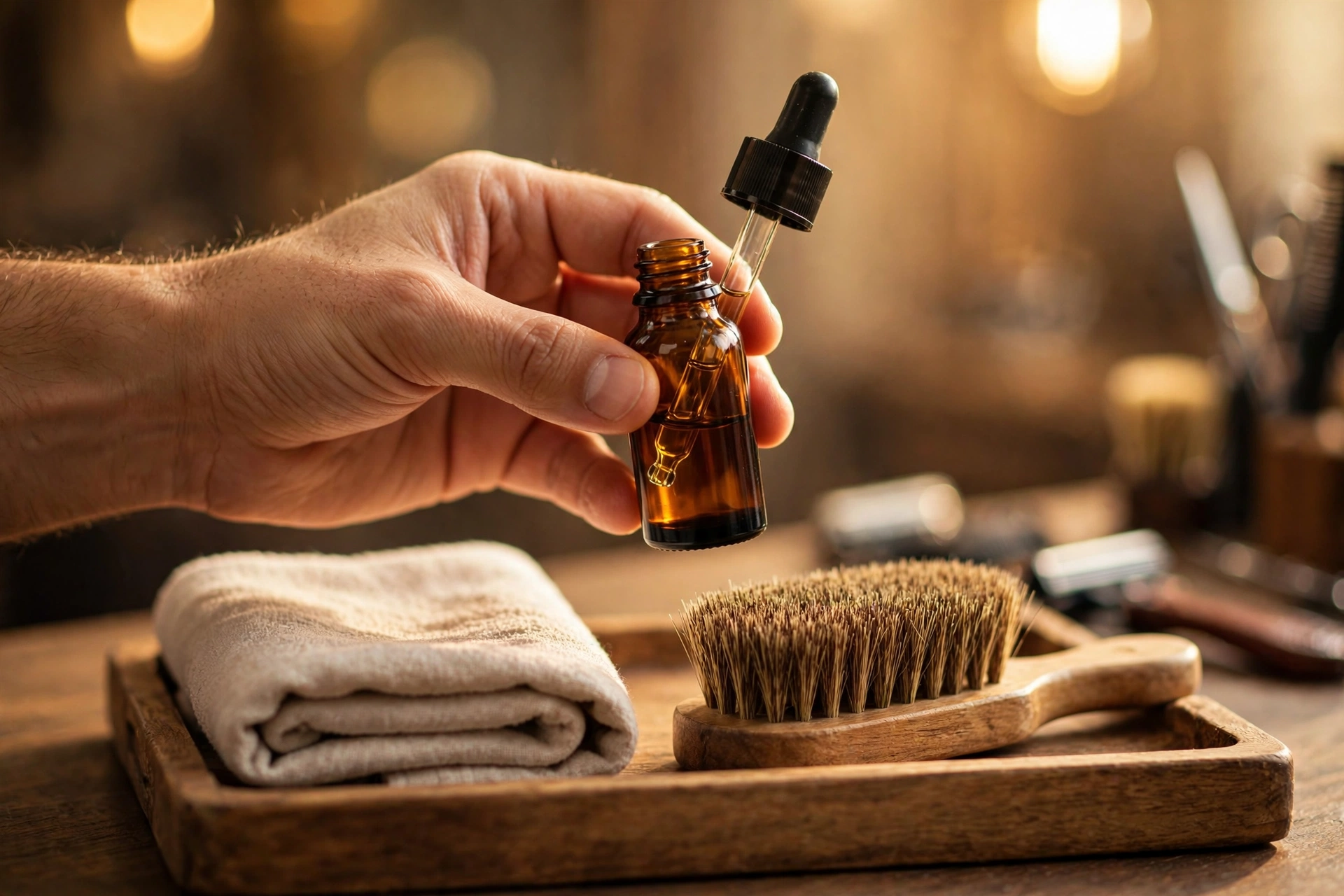 Best Beard Growth Oil for Thicker, Fuller-Looking Beards Beard oil bottle with boar bristle beard brush on wooden tray, barbershop style