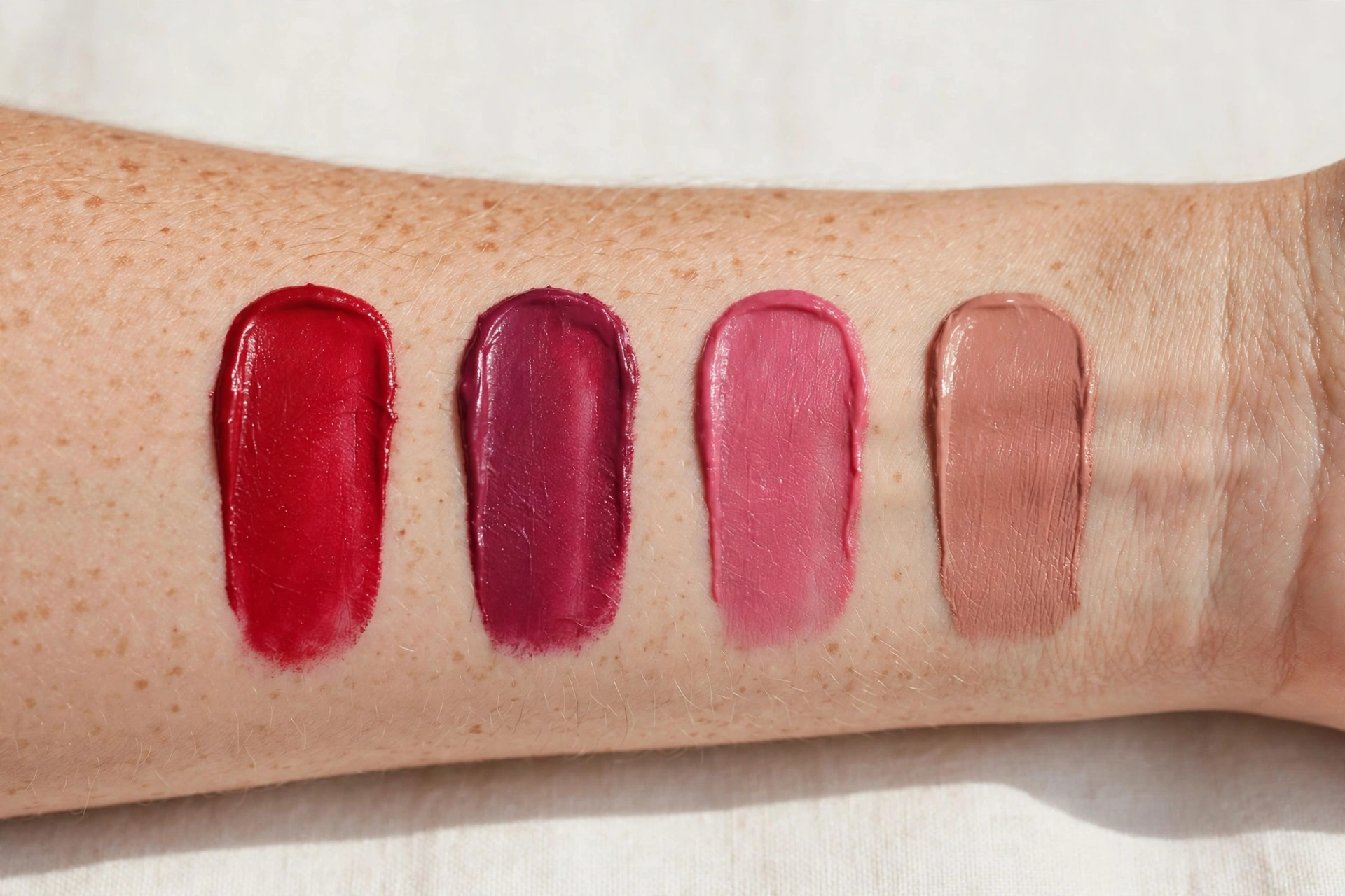 Lipstick shade swatches in red, berry, pink and nude on a wrist
