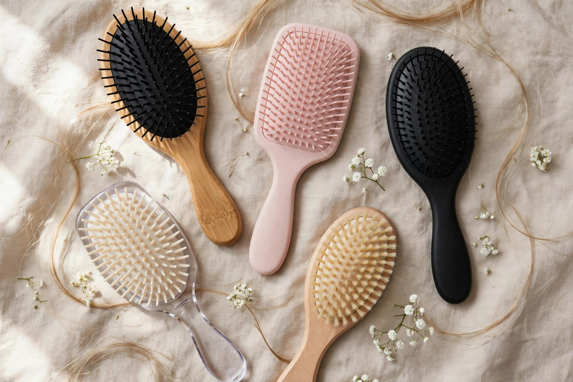 Flat-lay of several detangling brushes in different colors and bristle styles