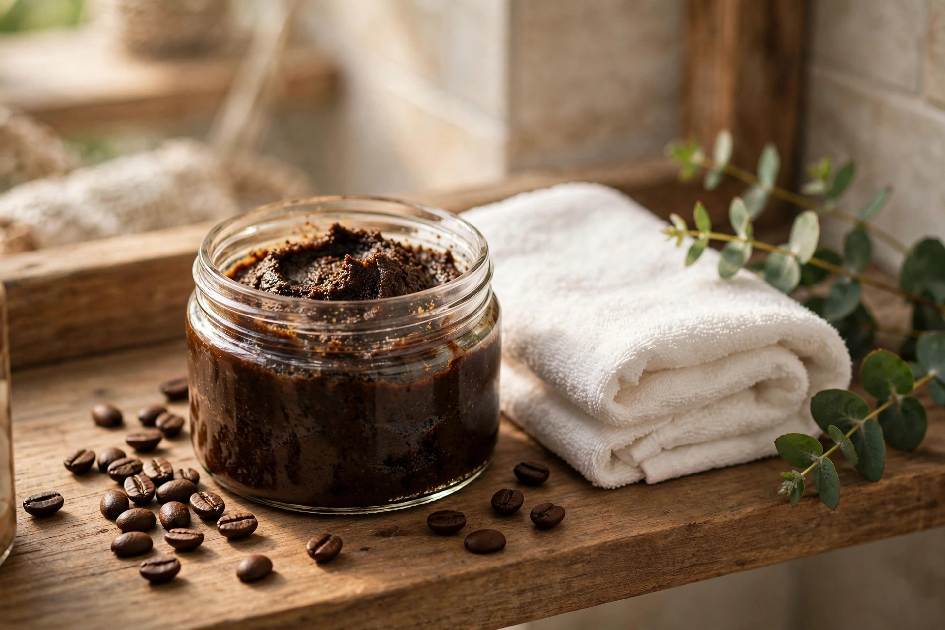 Best Body Scrubs for Smooth Skin Coffee body scrub jar on bathroom shelf with towel and eucalyptus