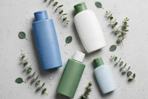 Anti-dandruff shampoo bottles arranged on a bathroom surface with eucalyptus