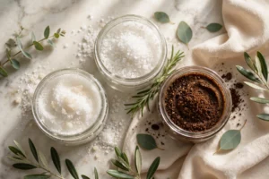 Best body scrub jars flat-lay with sugar, salt and coffee scrubs for smooth skin