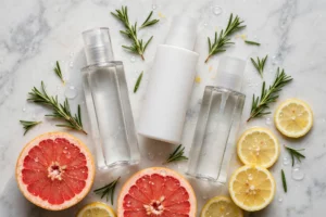Clarifying shampoo bottles flat-lay with grapefruit, lemon and rosemary on marble