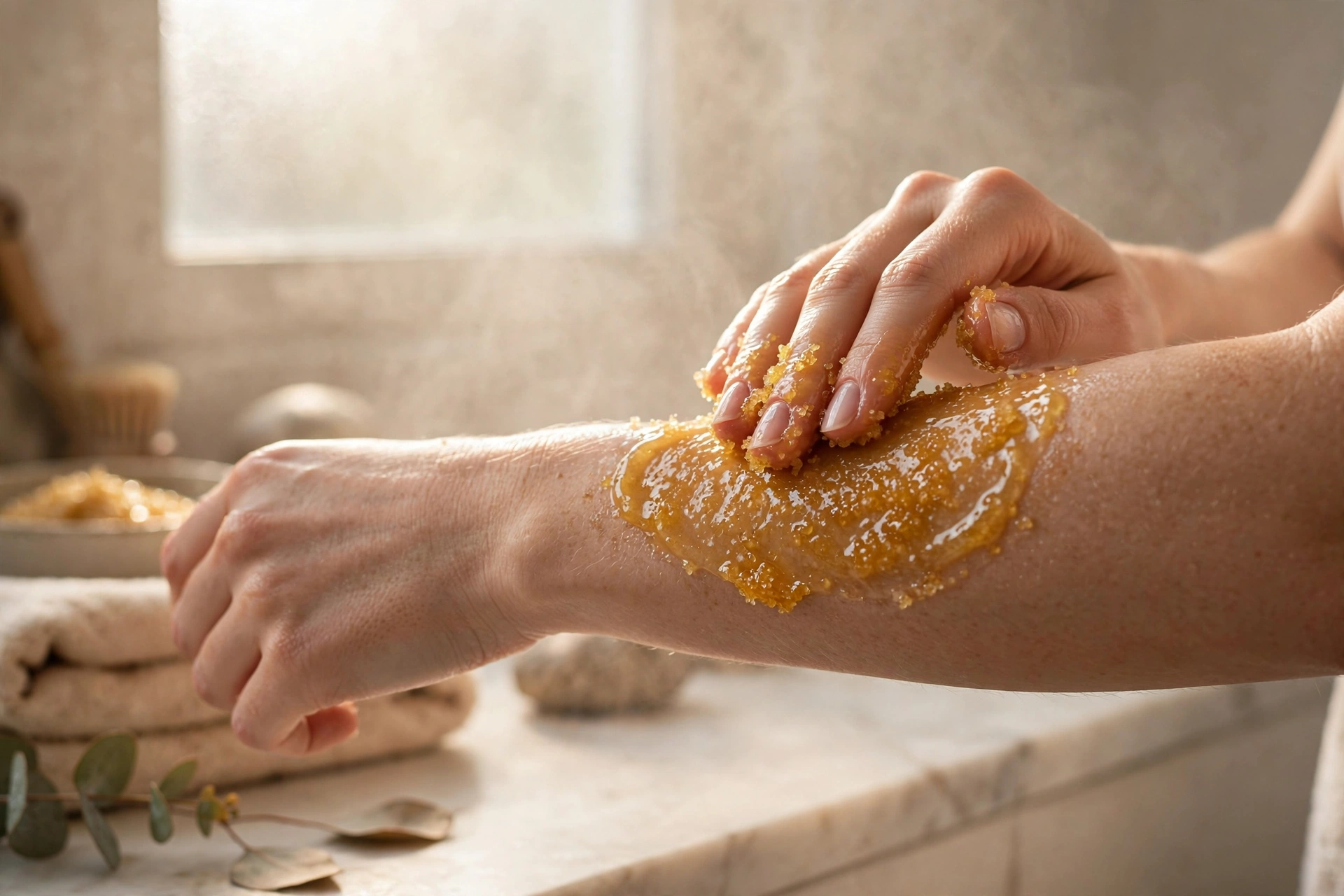 Best Body Scrubs for Smooth Skin Applying sugar body scrub to arm for smooth exfoliated skin