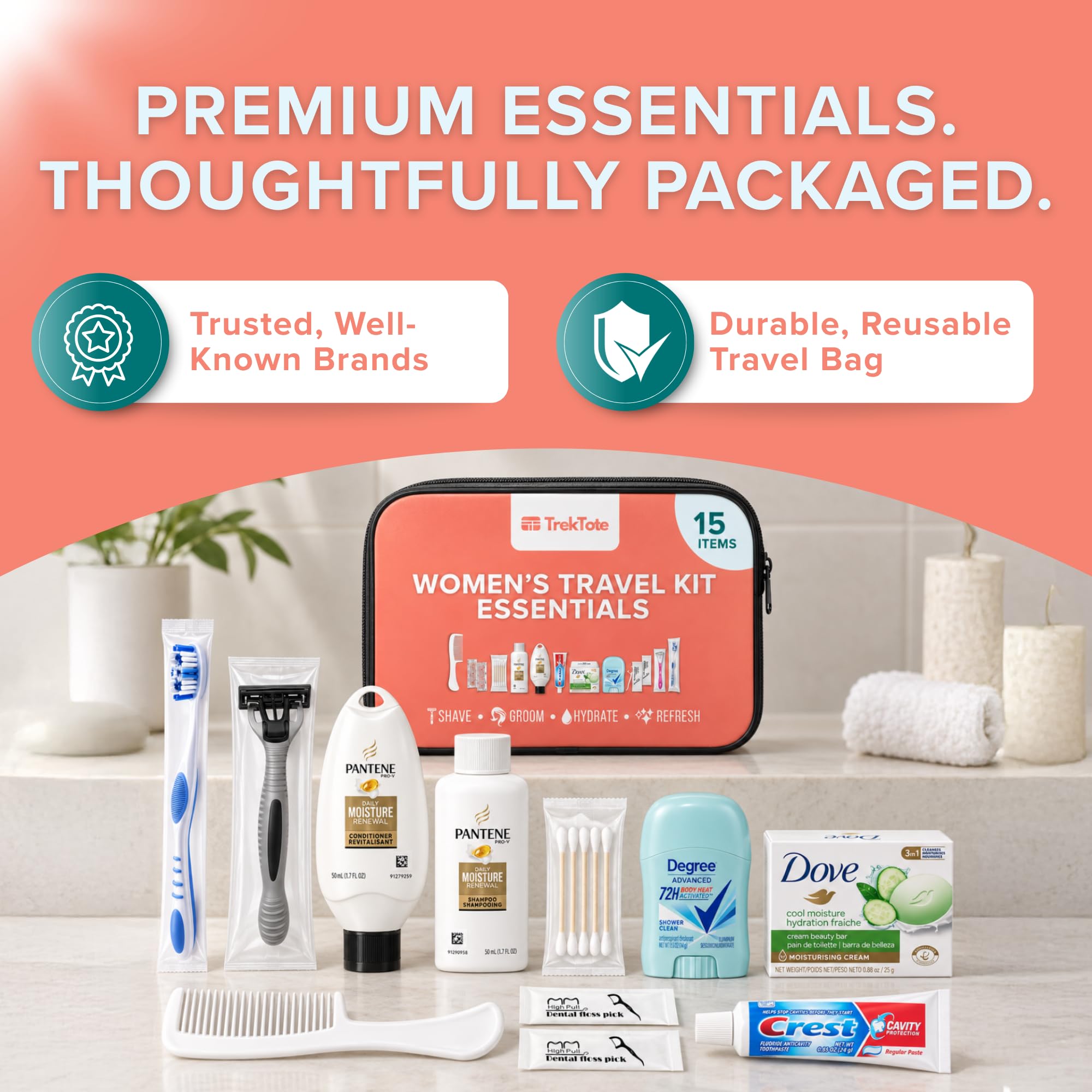 TREKTOTE Hygiene Kits Bulk 100 Pack Womens Travel Size Toiletries for Care Packages - Featured Product Photo
